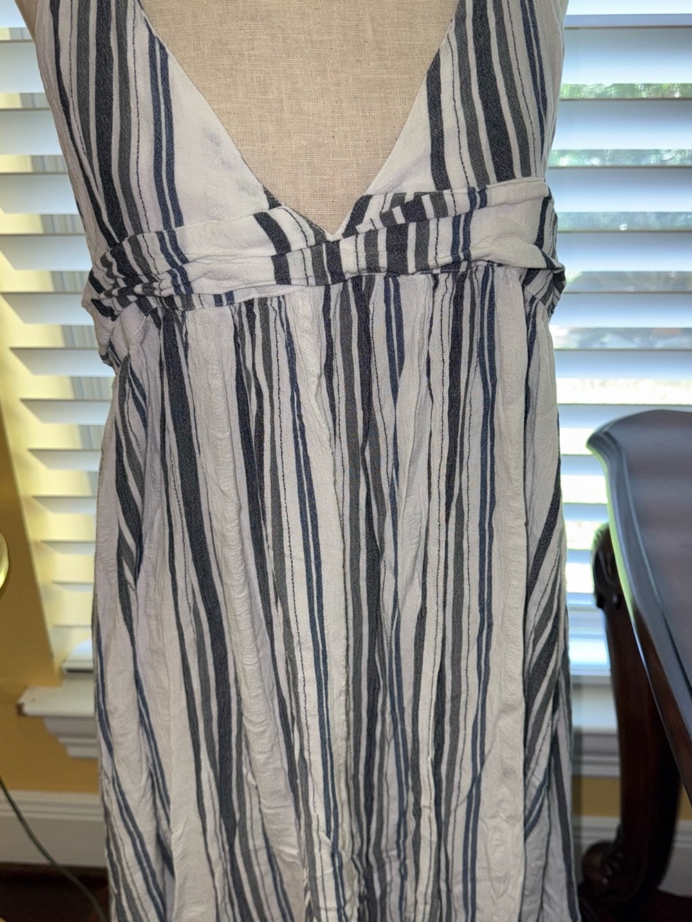 Blue and White Striped V-Neck Women's Summer Dress